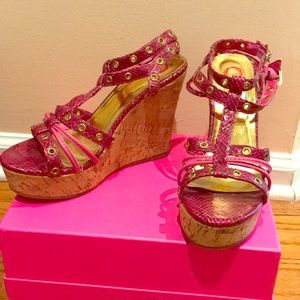Hot pink strappy snakeskin wedge 4inch sandals